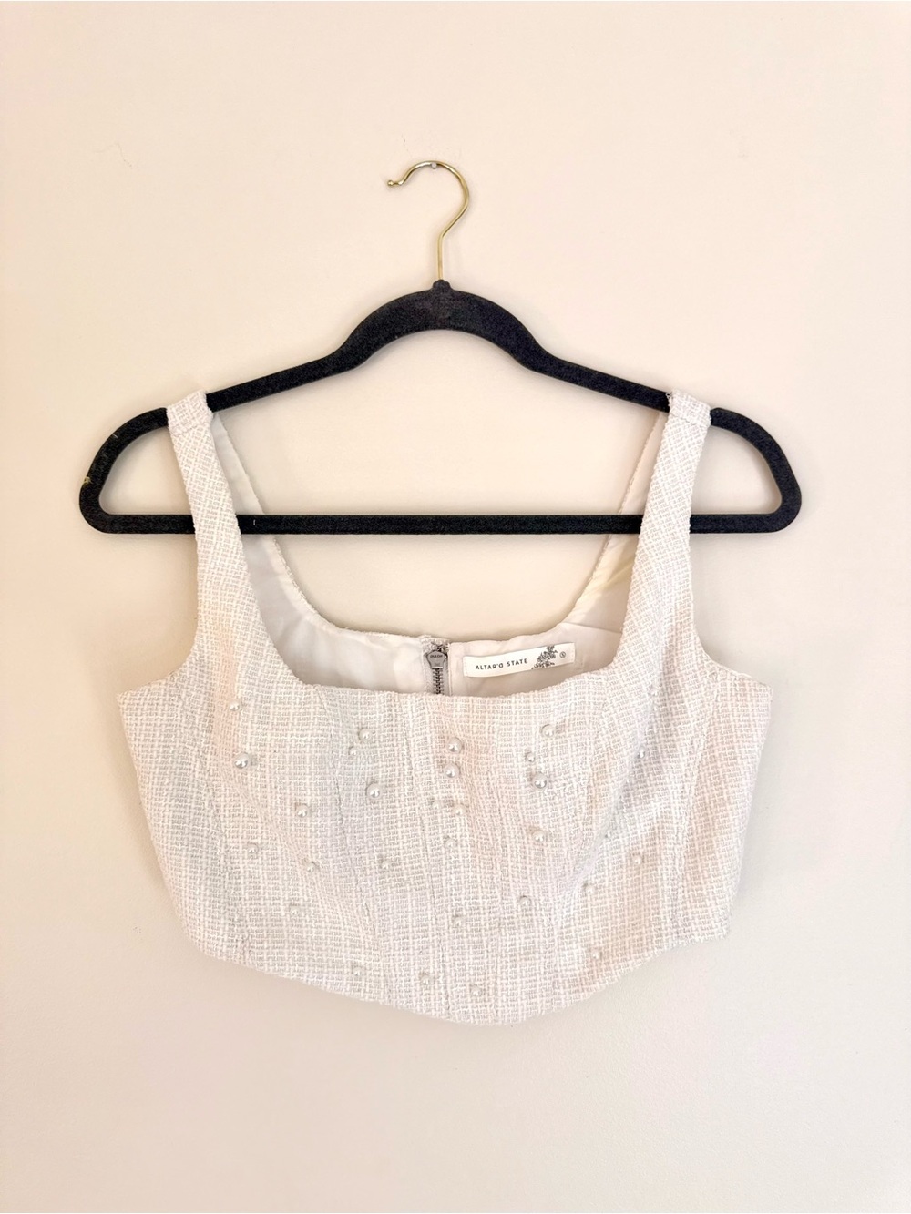 Altar'd State White Pearl-Embellished Cropped Tank
